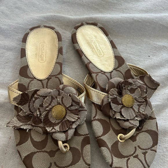 Coach Women's Brown and Gold Floral Sandals - Picture 1 of 3